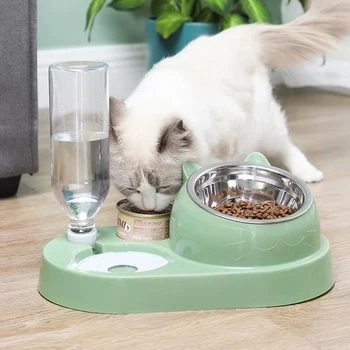 Котка Купата На Пиенето 16 Градуса Наклонен Защитна Врата От Неръждаема Стомана Пет Устройство Cat Food Dispenser Cat Waterer Dogs Water Bowl