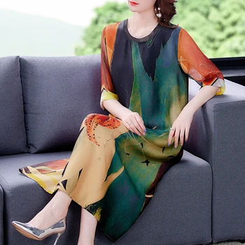 2021 Casual Vintage 4XL Plus Size Свободни Рокли Лято Boho Print Черница Silk Maxi Dress Elegant Women Bodycon Party Vestidos