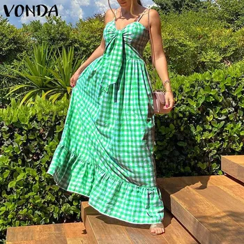 VONDA Women Sleeveless Maxi Dress Vintage Plaid Нагънат Вечерни рокли, Секси V Образно Деколте Бохемска Vestidos Сарафан Femme