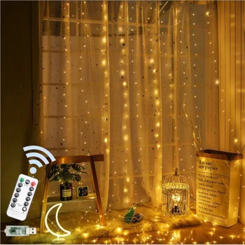 3x3m Фея Curtain Light LED Remote Control USB Garland String Светлини for Home Bedroom Window Holiday Коледа Light