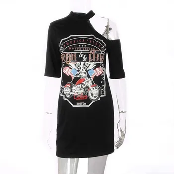 Рокли за жени 2021 Vintage Off Shoulder Rock Style, Готически Harajuku Black Dress Long T Shirt Daily Modis Mini Dress Рокля