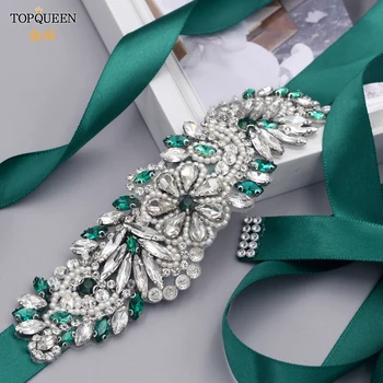 TOPQUEEN S22 Wedding Belt Diamond Green Diamante Dress Satin Trim Wedding Belt Prom Belt Stone Belt Bride Dresses Decoration