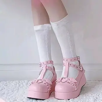 2021 WomenGirls Lolita Shoes Омъжи Janes Дамски Розови Черни кожени обувки Cosplay Японски Готически Крила на прилеп къдри Обувки