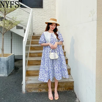 NYFS 2021 Корейското Ново Свободно Женствена рокля Vestidos Robe Elbise Fashion Blue dots white Princess dress
