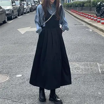 Дамски комплекти Ризи без ръкави-обличам Есенна мода Harajuku Solid A-line Mid-calf Vintage Simple Students Casual Chic Ulzzang New
