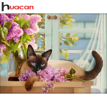 Huacan 5d САМ Diamond Живопис Full Square/Round Window Cat Diamond Embroidery Kit Mosaic Lilac Flower Animal Pictures Beaded