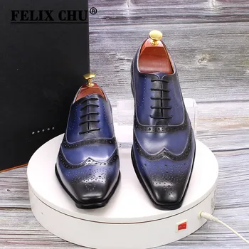 Маркови модела обувки Мъжки Оксфордские обувки Върха на Крилото Естествена кожа Бизнес Офис Сини обувки за мъже Класически Алпийка чрез шнурове мъжки обувки
