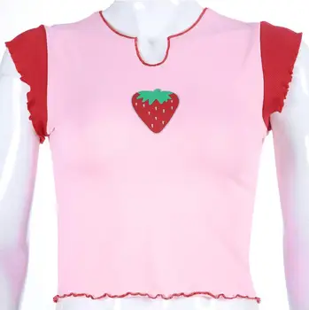 Лятна Лоскутная Тубулна Розова Клубничная Кавайная Тениска Casual Woman V Образно Деколте Crop Top Tee Shirt