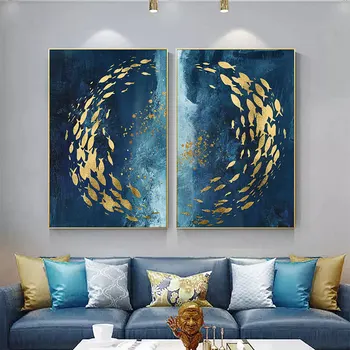 Модерна, Абстрактна Златната Рибка Плакат и Печат Nordic Blue Ocean Landscape Wall Art Платно Живопис Picture for Aisle Home Decor