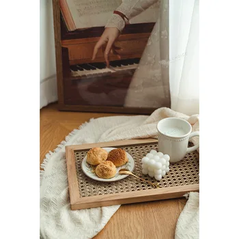 Домакински Японската Ратанови Печка За Съхранение Ins Nordic Чаен Поднос за Закуска Ретро Украса и декорация на Тавата