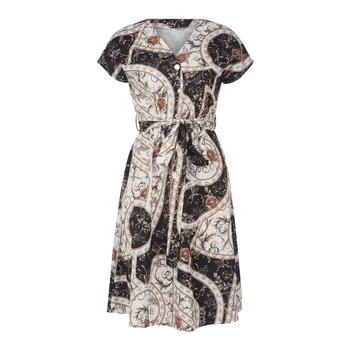 Hirigin Summer Shirt Dresses Vintage Fashion Губим Casual Printed With Belt Dress Women Boho Quarter Sleeve Елегантна рокля Роба