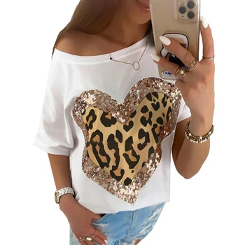 Продажба на Дамска Мода във формата на Сърце Тениска с Пайети Леопардовый принт Дамска Блуза, Блузи Лъжичка Врата Женската Половина на Ръкавите Свободна Тениска D30