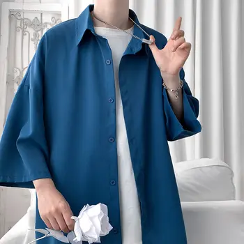 Privathinker Oversizes Мъжки Ризи Плътен Цвят Ежедневни мъжки Блузи Свободни Harajuku Дамски дрехи, Три-Четвърти Ръкави Риза Модерен