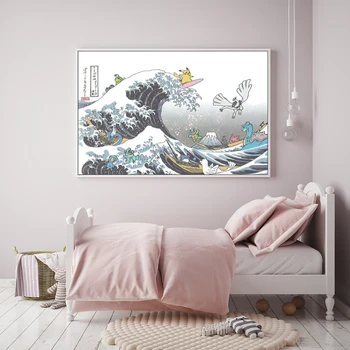 Pokemon Poster Great Wave Off Kanagawa Cartoon Аниме Платно Живопис Pikachu Bulbasaur Squirtle Kid Baby Bedroom Decor Picture