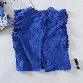 ZA 2021 Синя Лятна бродирана Дамска блуза без ръкави с волани деликатен топ Мода Задната част на бутона Vent Реколта дамски ризи