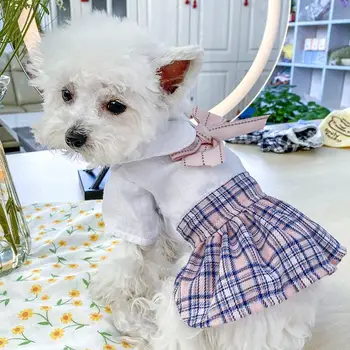 Dog Birthday Party Wedding Bowknot Dress Dog Dress Bow-knot Decor Turndown Collar Полиестер Каре Печат на Пет Пола, за парти