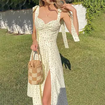 Лятна рокля с флорални принтом Slip Dress Women Секси Spaghetti Strap Split High Waist Mid-length Dress Female 2021 Sweet Boho Lady Dress