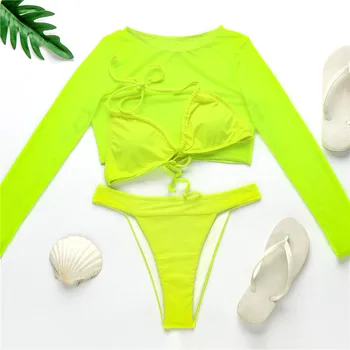Секси Neon Yellow Bikini Set Swimwear Women Long Sleeve Mesh Crop Top Swimsuit Плажни Дрехи, Бански костюм с Висока Талия Бикини 2021