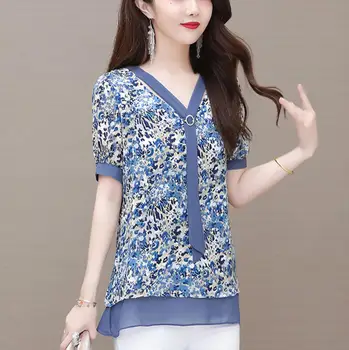 Летен стил Дамска туника Плюс Размер 5XL Шифоновая цвете тениска Дамски блузи и Blusas Mujer De Moda блузи с къс ръкав