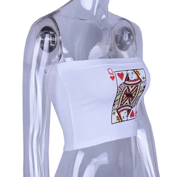 Дамски топ тръба Пънк Poker Печатна Майк Creative Print Без презрамки Busiter Върховете Секси Off Shoulder White Basic Crop Top Vest