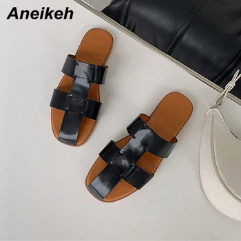 Aneikeh Summer Zapatos Mujer 2021 Fashion ПУ Low Slippers Квадратен ток Дамски обувки Сбито дребни твърдо Шиене Японски стил