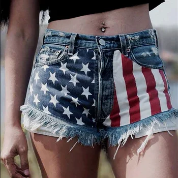 Лятна мода американски флаг шорти дамски топли улични и хип-хоп дънки, дамски ежедневни еднорог дънки пъстри шорти