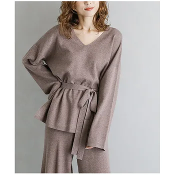 Пуловер комплект за жени от две части v образно деколте без колан пуловери широки панталони 2021 нова пролет есен възли костюми на едро