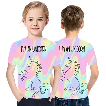 Момчета И Момичета 3D Unicorn Print T-Shirt Сладко New Summer Foreign Style Top Children ' s Cartoon Casual Универсален Къс Ръкав