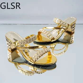 2020 Лятна дамски обувки Squre Петата Сандали Peep toe Дамски обувки Маркови сандали на висок ток Златни токчета 5,5 см Голям Размер