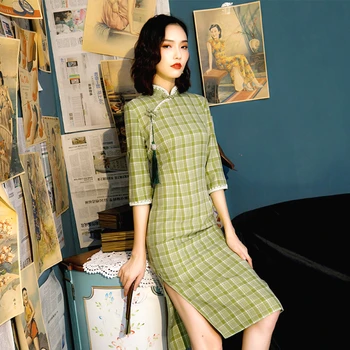 RADA COCO Grass green Plaid chinese dresses Classi Cotton Qipao Daily Dress Oriental Style Рокли Modern