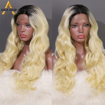 AIVA Hair Огнеупорни синтетични Перука Дантела Отпред Дълги Вълнообразни Ombre Блондинка Лилаво Перука Синьо, Розово Cosplay Перуки За жени