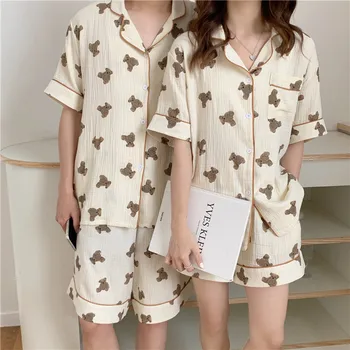 памук забавен мечка домашно облекло двойка пижами за жени пижами набор от лятото на 2 бр. набор от марля, памук дишаща пижама панталони Y879