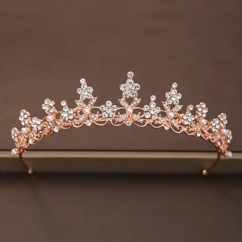 Ръчно изработени Принцеса Искрящи Кристали Crystal Crown Rose Gold Цвят на Булката Диадеми Сватба Сватбени Диадеми Главоболие Украса VL