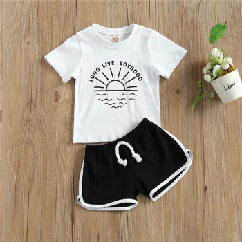 Лято 2021 Kids Baby 2-piece Outfit 2021 Boy Short Sleeve Letter Print Върховете+Shorts Set Children Boys Clothing Set