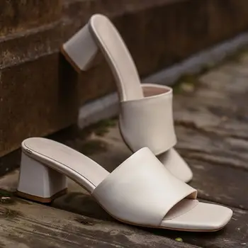 RIZABINA Естествена Кожа Дамски Чехли Обувки Приплъзване На Дебелите Ток Плътен Цвят Пързалки Мода Лято Дамски Обувки Размер 34-39