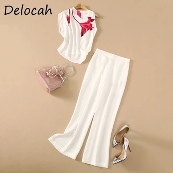 Delocah New 2021 Women Summer Fashion Runway Pants Set Цветни печатни Върховете + Висока талия Широки и Дълги Панталони 2 Костюм от две Части
