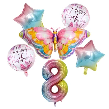 Coulourfully Пеперуда Брой Балони Набор От Розово Рожден Ден На Пеперуда Балон Дъга Номер Хелий Балон Рожден Ден Украса