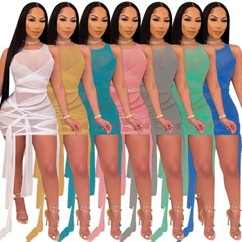 2021 Нова Мода Вързани Мини Рокля Еластична See Through Мрежести Секси Dresses Lace-Up Bandage Party Dress For Women Clubwear Plus Size