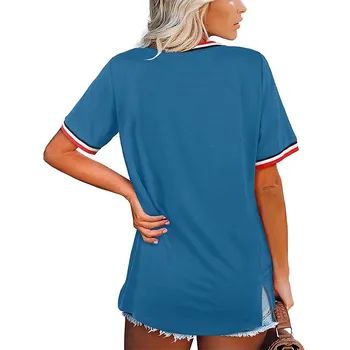 Лято Плътен Цвят С Къс Ръкав на Райета Секси V-образно деколте Тениска Случайни Свободен Разрез Дамски Градинска Тениска Femme