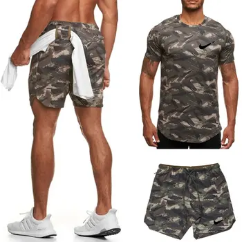 Лятна мода ежедневни мъжки окото дишаща спортен костюм спортен костюм с къс ръкав тениска + плажни панталони мъжка спортна риза 2 бр.