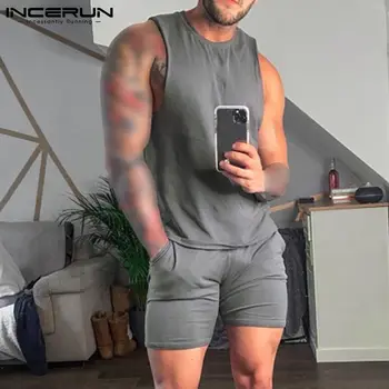 INCERUN Men Sets Solid Color Bodybuilding O Neck Sleeveless Tank Tops & Shorts Streetwear Workout 2021 Casual Men Summer Костюми