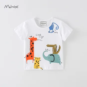 Детска Нова Летни Дрехи за момичета от 2021 година С Къс Ръкав О-образно деколте Тениска с домашен любимец принтом Жирафът на Слона Чай Върхове за деца на 2-7 години