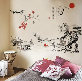 Китайски Пейзаж Живопис Стикери за Стена за Хол, Спалня Декорация на Дома Изкуството на Стикери За Стена Стенописи