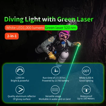 J2 Прожектори зелен лазер гмуркане фенерче 1000lumen гмуркане светлина гмуркане тренерская екипът на лазерна светлина подводен 100 м гмуркане лампа