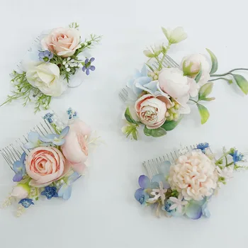 PEORCHID Pink&Blue Floral Bridal Hair Vine Wedding hHaar Accessoires Bruid Hair cComb Vintage Women Flowers Headdress 2021