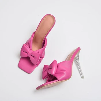 Дамски чехли Квадратен чорап Дамска Мода Секси Летни Сандали Плюс Размера на Жена Лък Шипове Обувки на Висок ток Дамски обувки