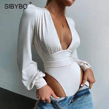 Sibybo Black V Neck Секси Bodysuit Women Puff Sleeve Bodycon Short Гащеризон Femme Body Summer Casual Party Bodysuits Body Tops