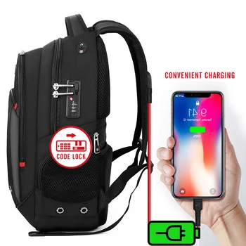 Anti Theft Travel Backpack Men Code Lock 17.3 Инчов Бизнес Лаптоп Камера Bagpack USB Зареждане на Училищни Чанти За Тийнейджъри Mochila