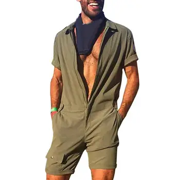 Мъжки Гащеризон Мода Плътен Цвят Гащеризон С Къс Ръкав Джобове С Цип Плъзгачи Общи Работно Облекло 2021 Ежедневни Playsuit Мъжете Streetwea