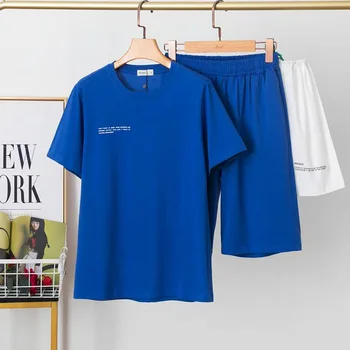 2021 Пролетта и Лятото на Нов Писмо Печат Кръгъл Отвор Плътен Цвят С къси ръкави Мъже и Жени Двойка Тениска + Плътен Цвят Панталони